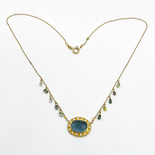 14 Karat Yellow Gold Moss Aqua and Diamond Pendant Necklace