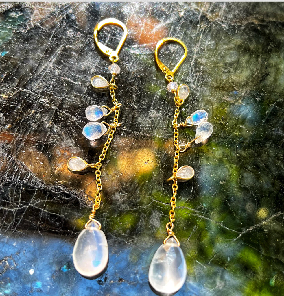 Golden Briolette Moonstone Long Drop Earrings