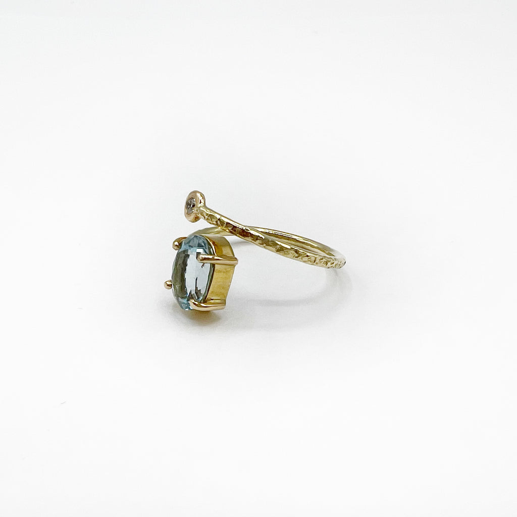 14 Karat Yellow Gold Aquamarine and Diamond Hammered Ring