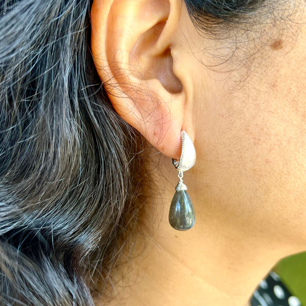 Sterling Silver Teardrop Labradorite Huggie Earrings