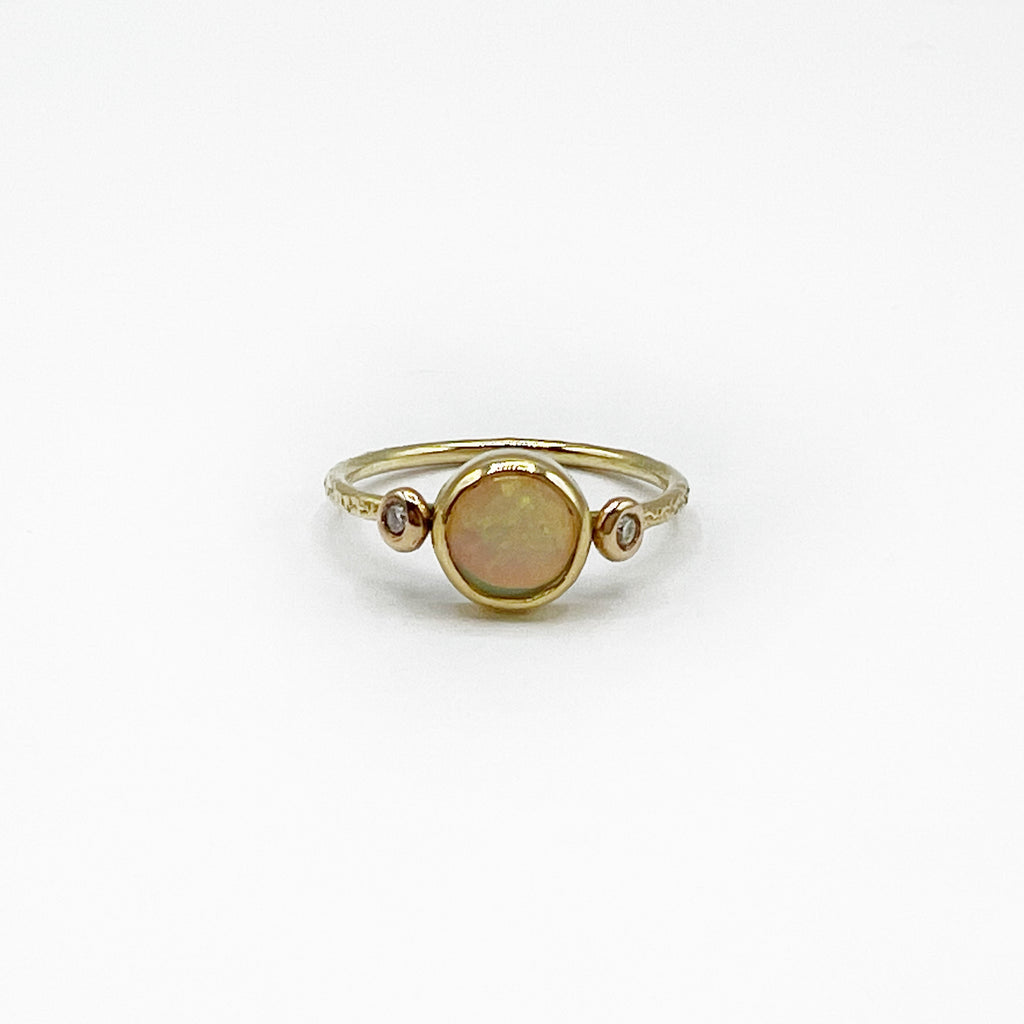 14 Karat Yellow Gold Opal with 2 Round Diamonds Hammered Ring