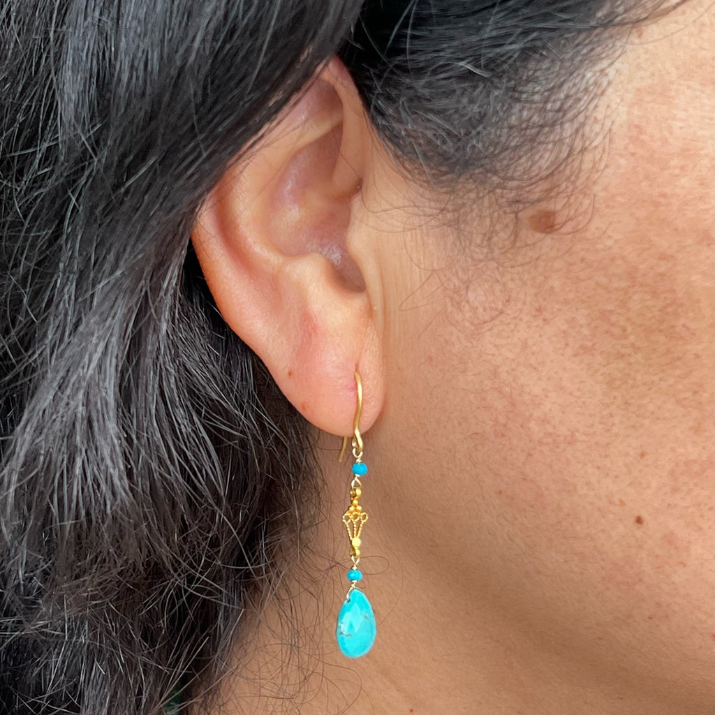 Elegant Turquoise Earrings With 18 Karat Gold Filigree