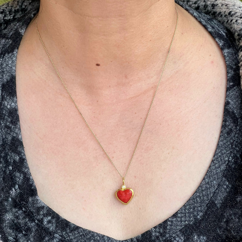 Red Coral and Round Diamond Heart Shaped Pendant