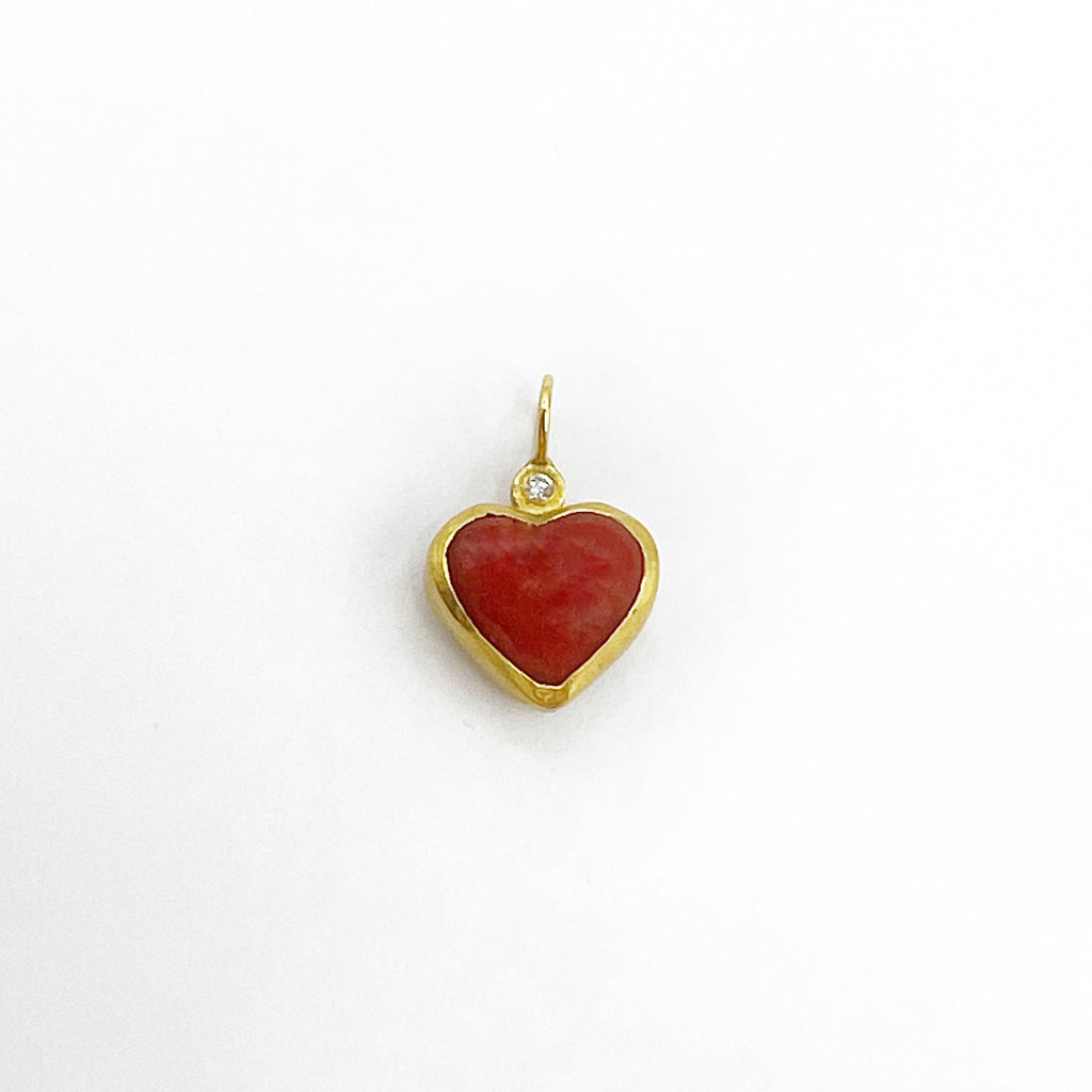 Red Coral and Round Diamond Heart Shaped Pendant