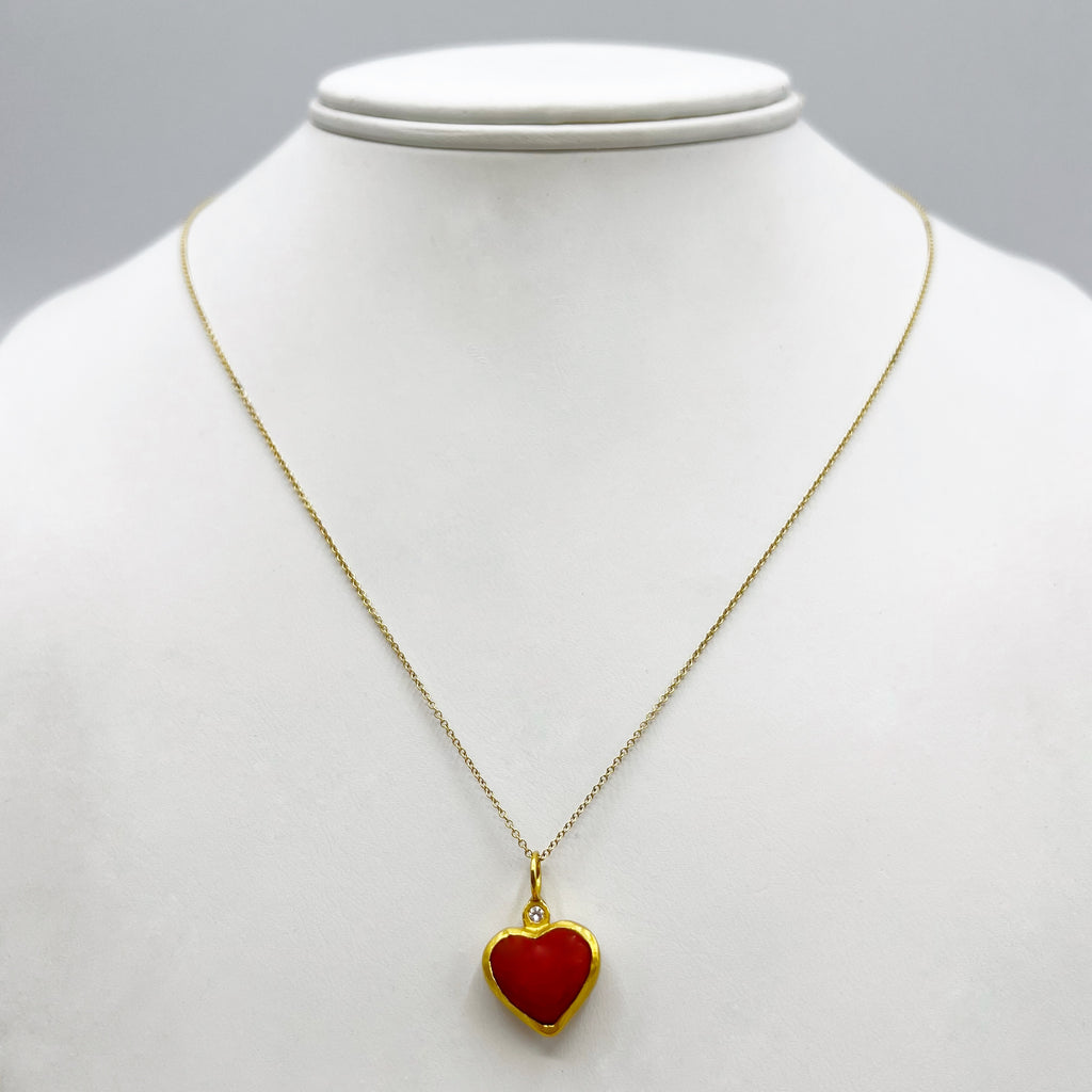 Red Coral and Round Diamond Heart Shaped Pendant