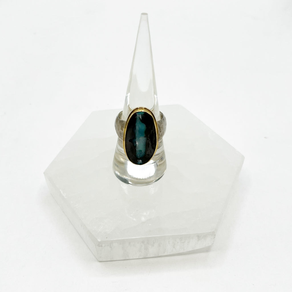 Large Oval Boulder Opal With Gold Bezel & Sterling Silver Ring