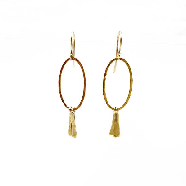 Gold Hammered Ovals With Dainty Tassels Earrings