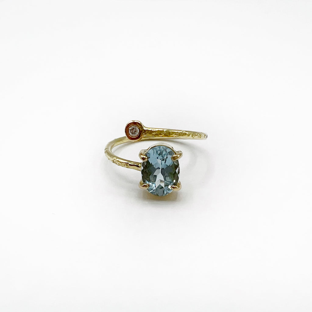 14 Karat Yellow Gold Aquamarine and Diamond Hammered Ring