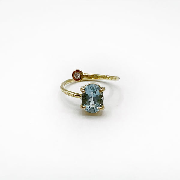 14 Karat Yellow Gold Aquamarine and Diamond Hammered Ring