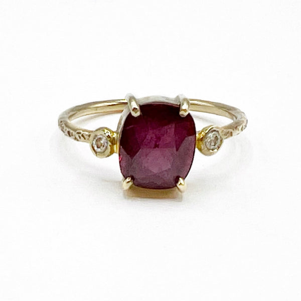 Claret Garnet and Diamonds Hammered Ring