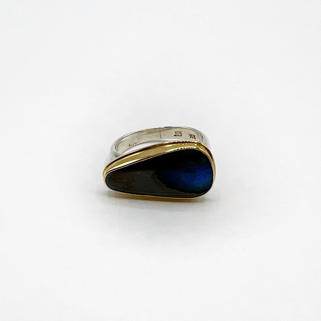 Boulder Opal with Sterling Band  and 18 K Bezel Ring.