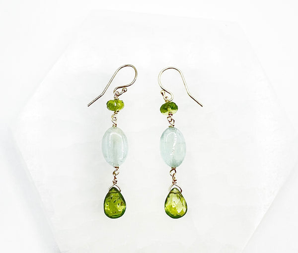 Pear Shape Peridot And Aquamarine Beads Earrings