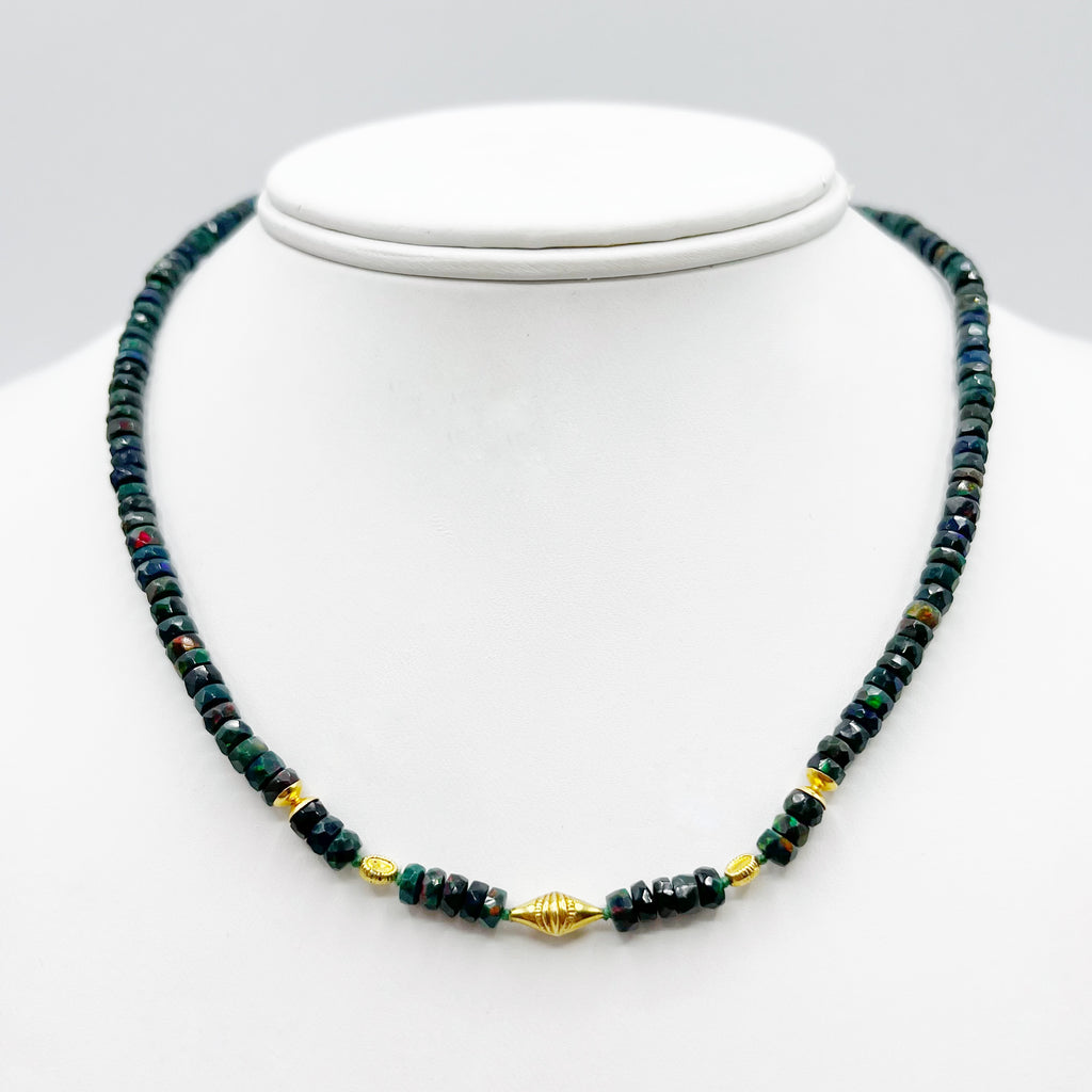 Beaded Black Opal Necklace With 18 Karat Gold Accents