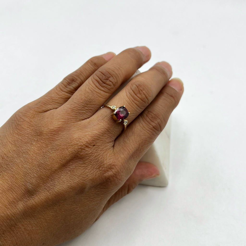 Claret Garnet and Diamonds Hammered Ring