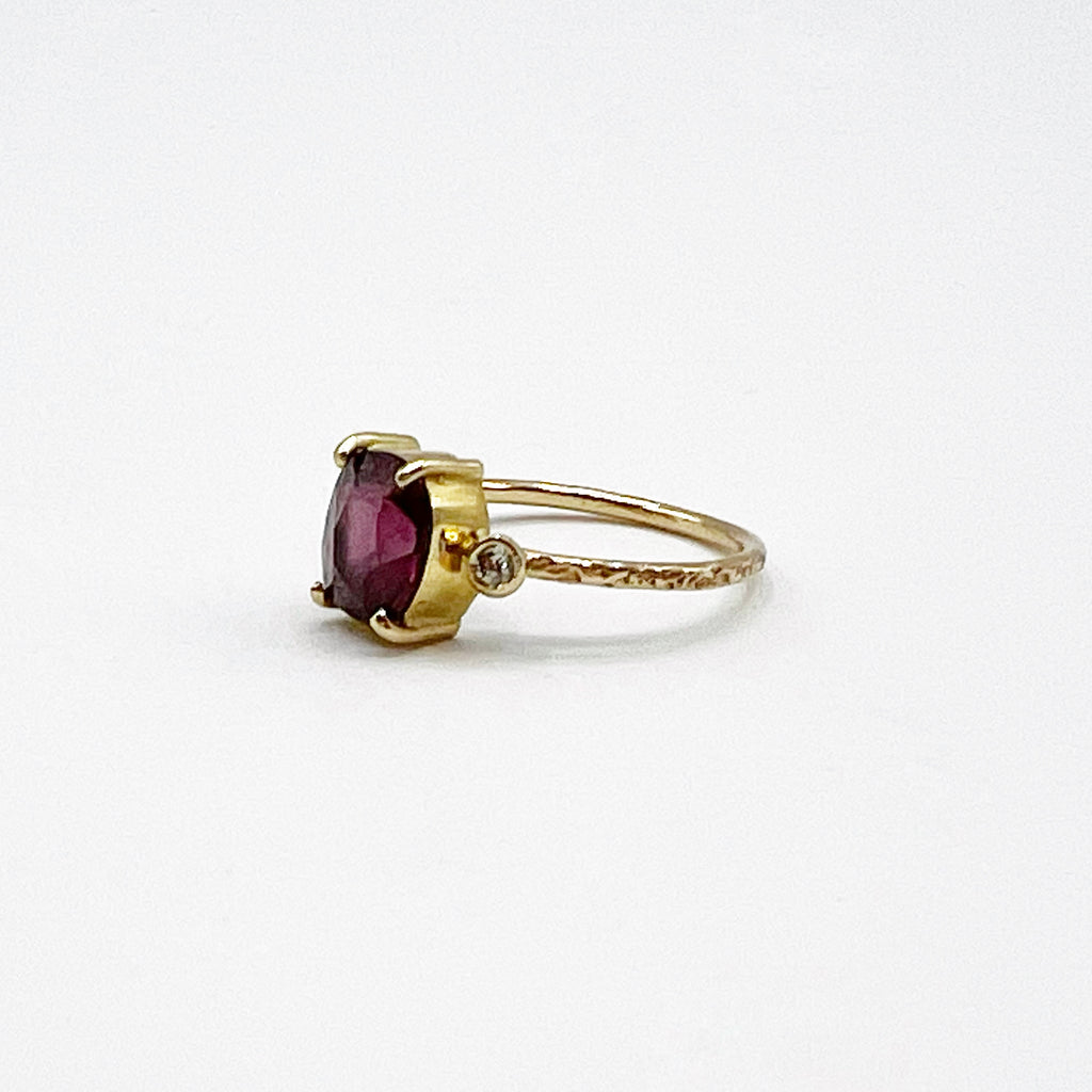 Claret Garnet and Diamonds Hammered Ring