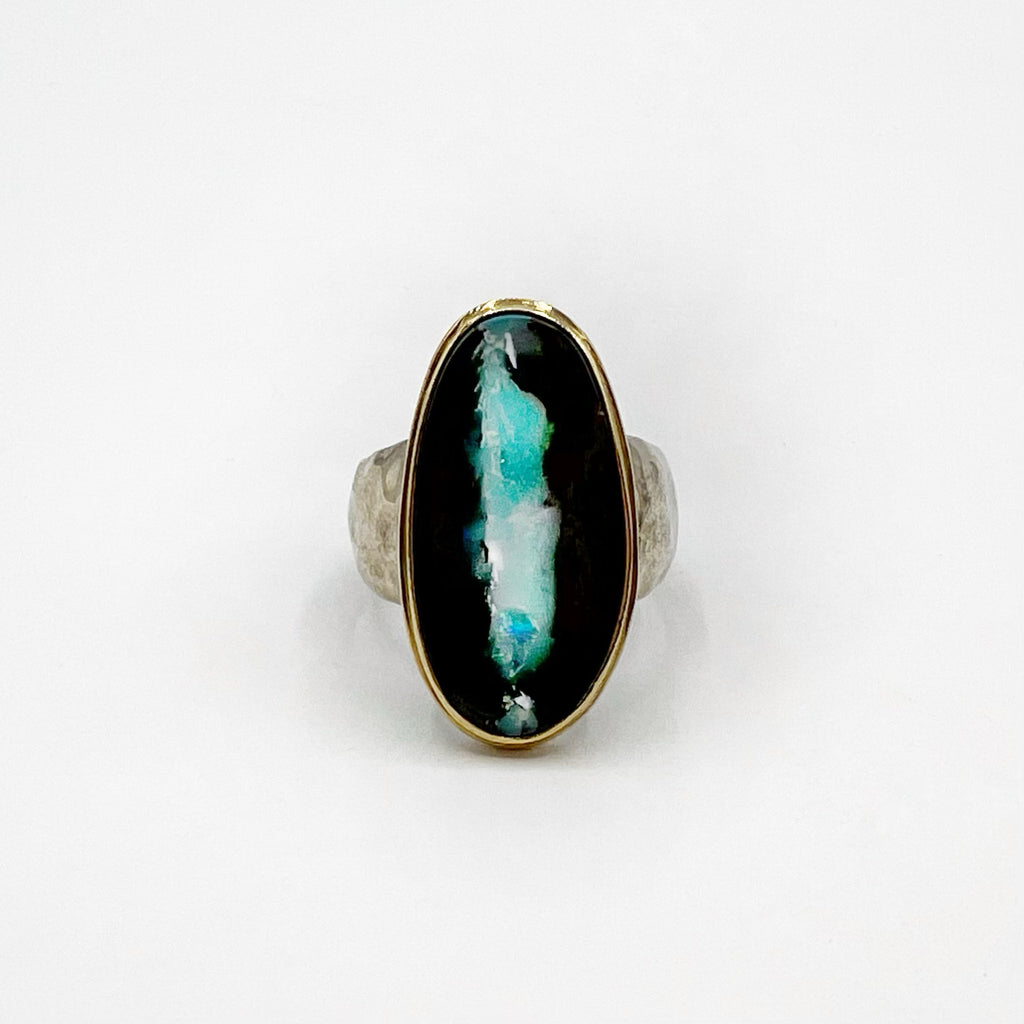 Large Oval Boulder Opal With Gold Bezel & Sterling Silver Ring