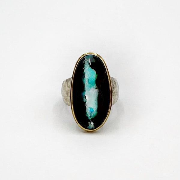 Large Oval Boulder Opal With Gold Bezel & Sterling Silver Ring