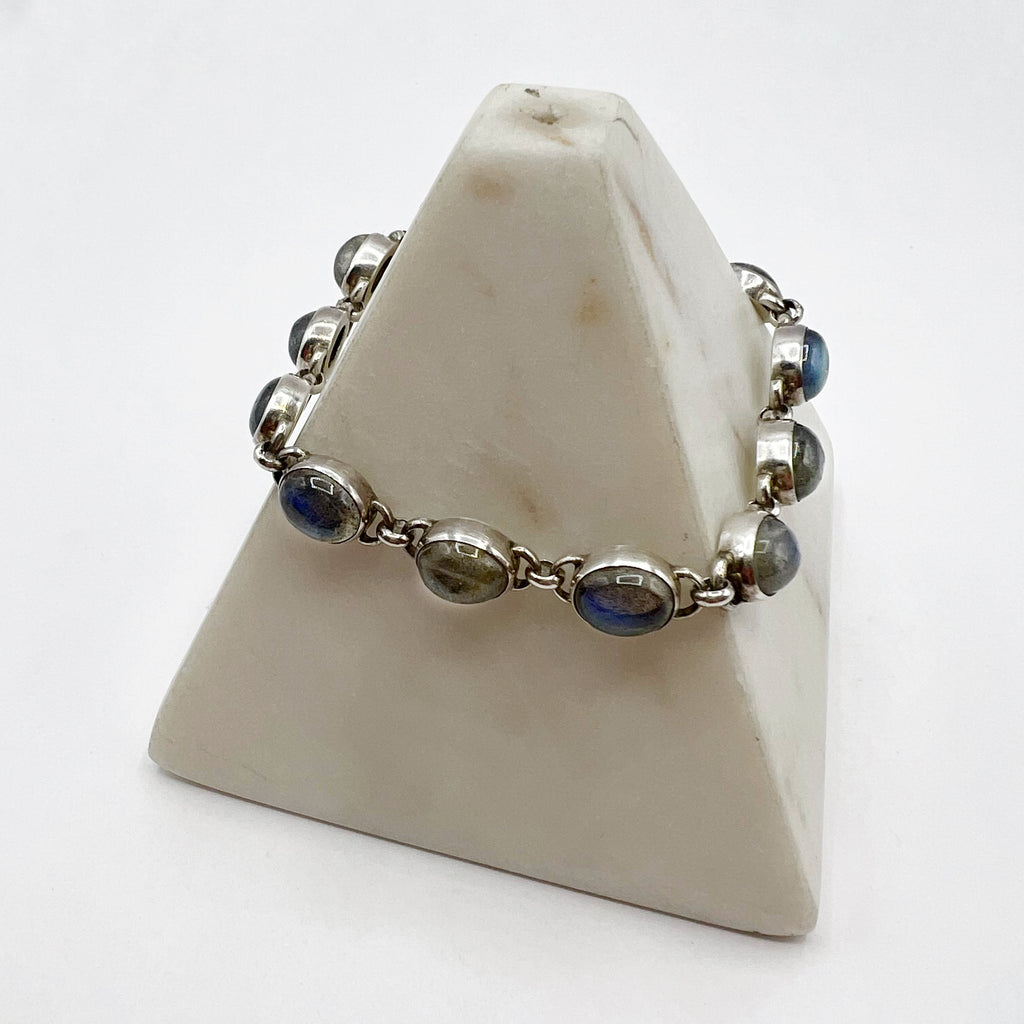 String of Labradorite Cabochons in Silver Bracelet