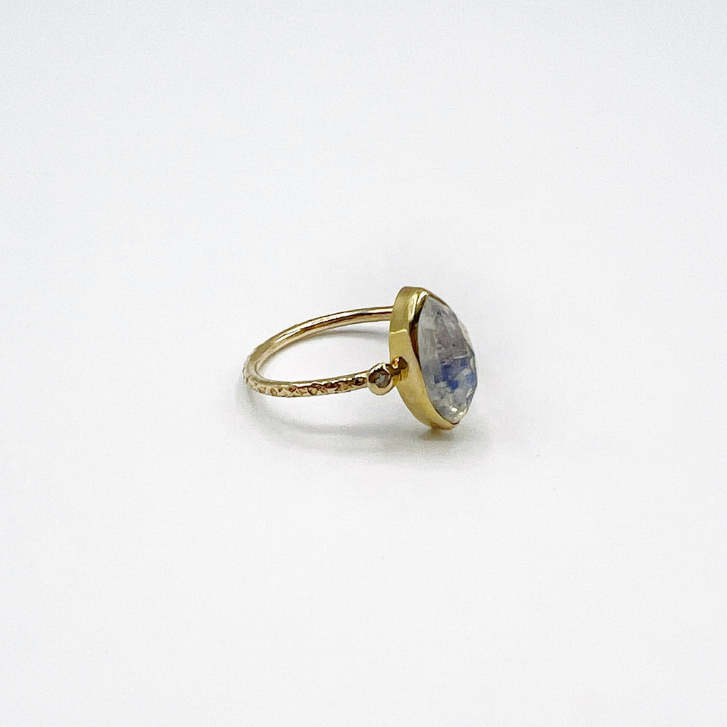 14 Karat Yellow Gold Hammered Marquise Moonstone Ring