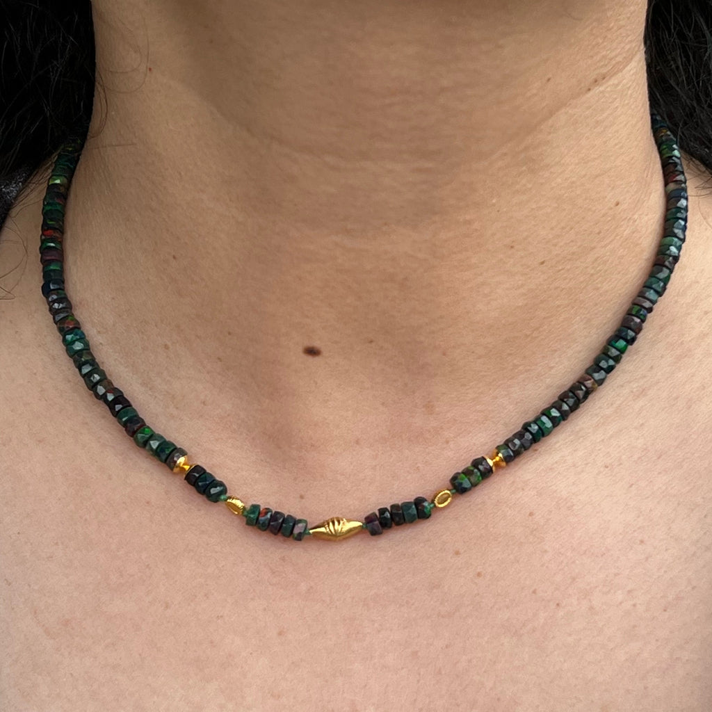 Beaded Black Opal Necklace With 18 Karat Gold Accents