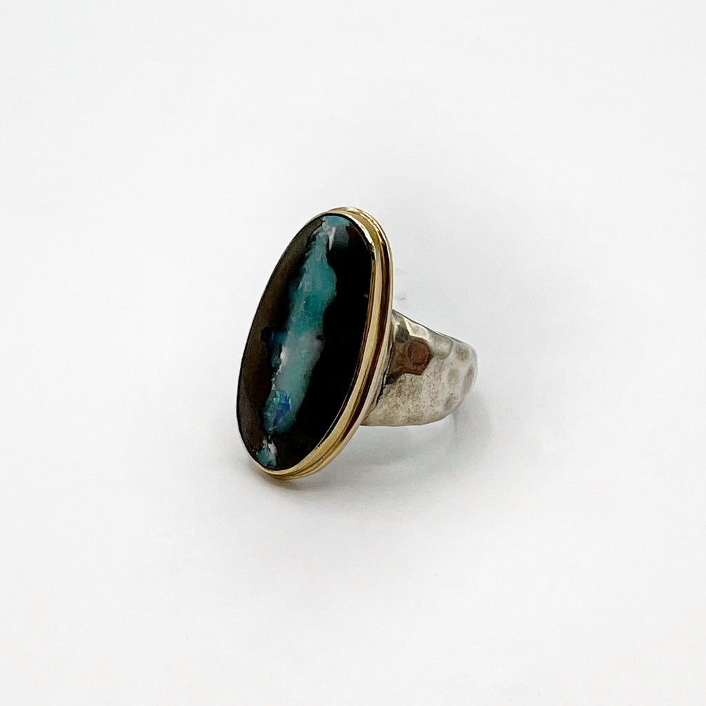 Large Oval Boulder Opal With Gold Bezel & Sterling Silver Ring