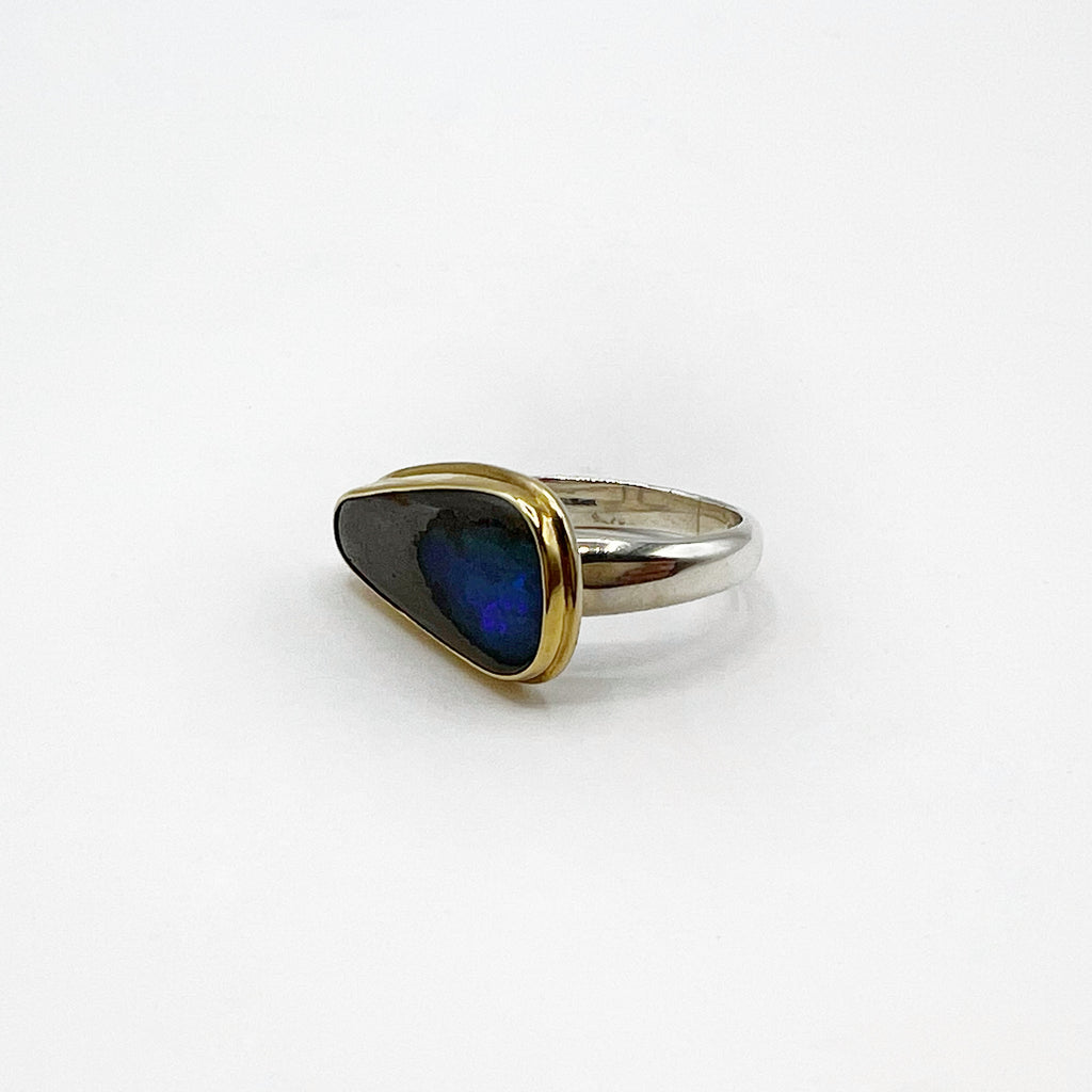 Boulder Opal with Sterling Band  and 18 K Bezel Ring.