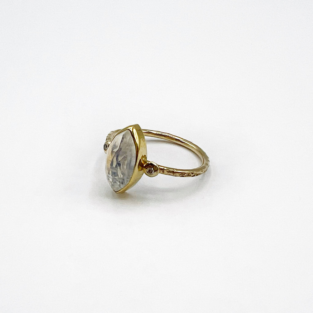 14 Karat Yellow Gold Hammered Marquise Moonstone Ring