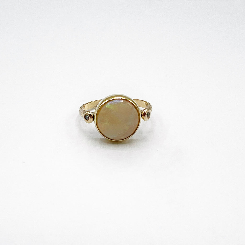 14 Karat Yellow Gold Round Opal and 2 Diamonds Ring