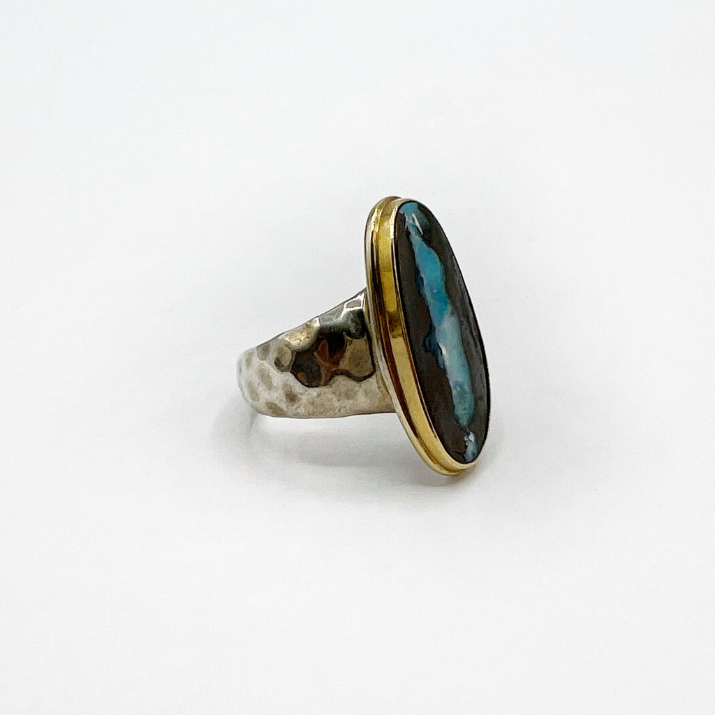 Large Oval Boulder Opal With Gold Bezel & Sterling Silver Ring