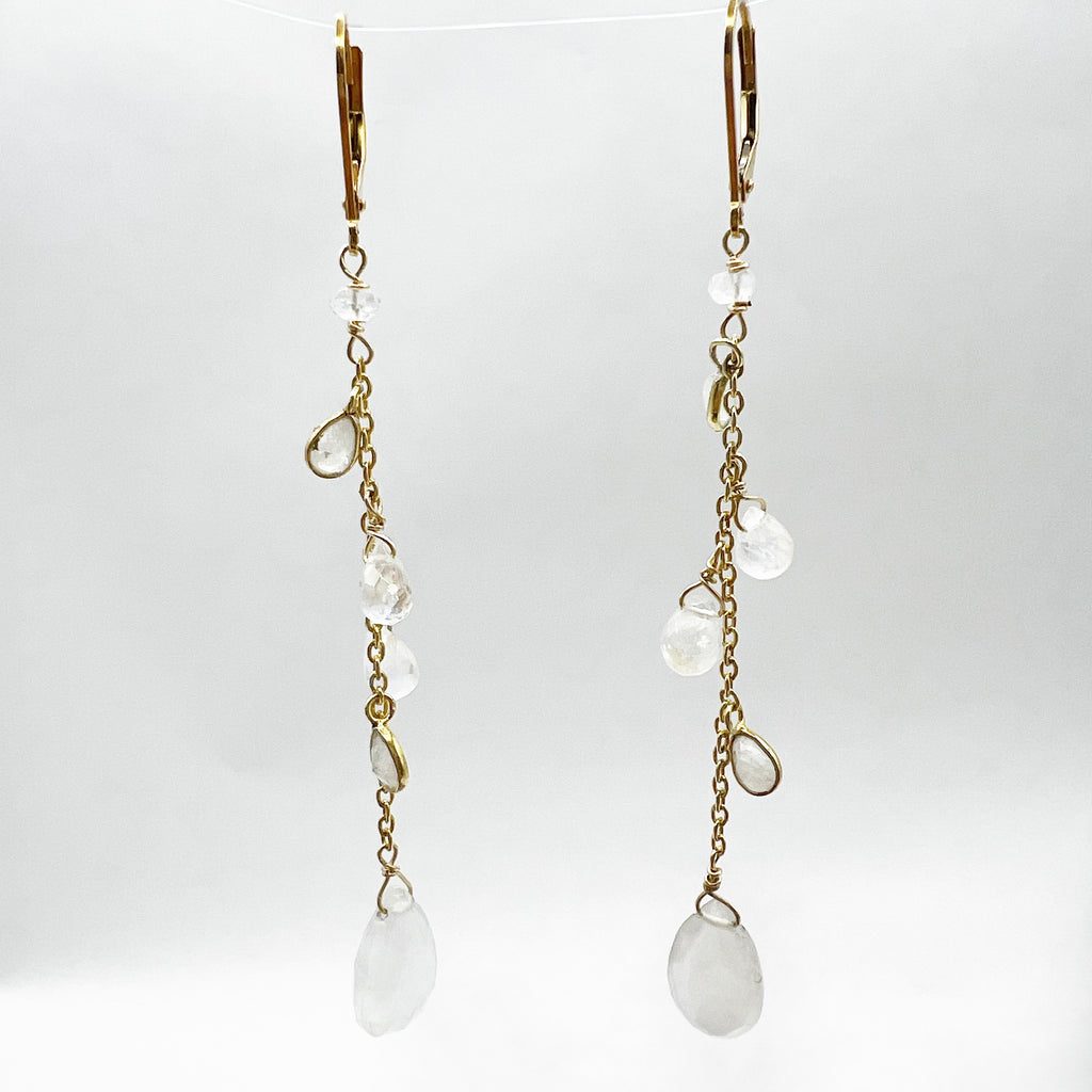 Golden Briolette Moonstone Long Drop Earrings