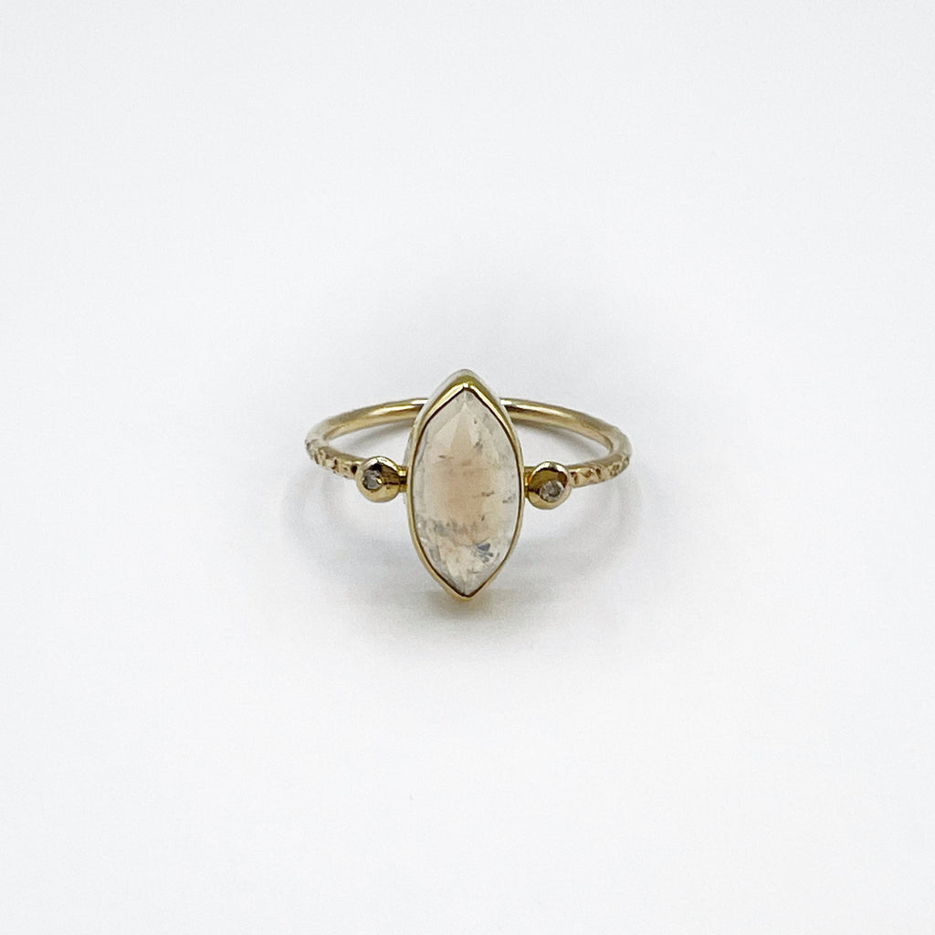 14 Karat Yellow Gold Hammered Marquise Moonstone Ring