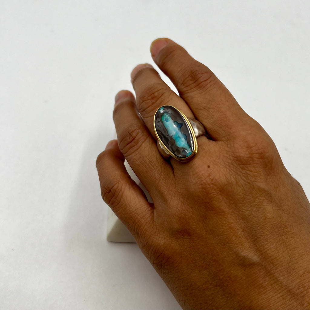 Large Oval Boulder Opal With Gold Bezel & Sterling Silver Ring