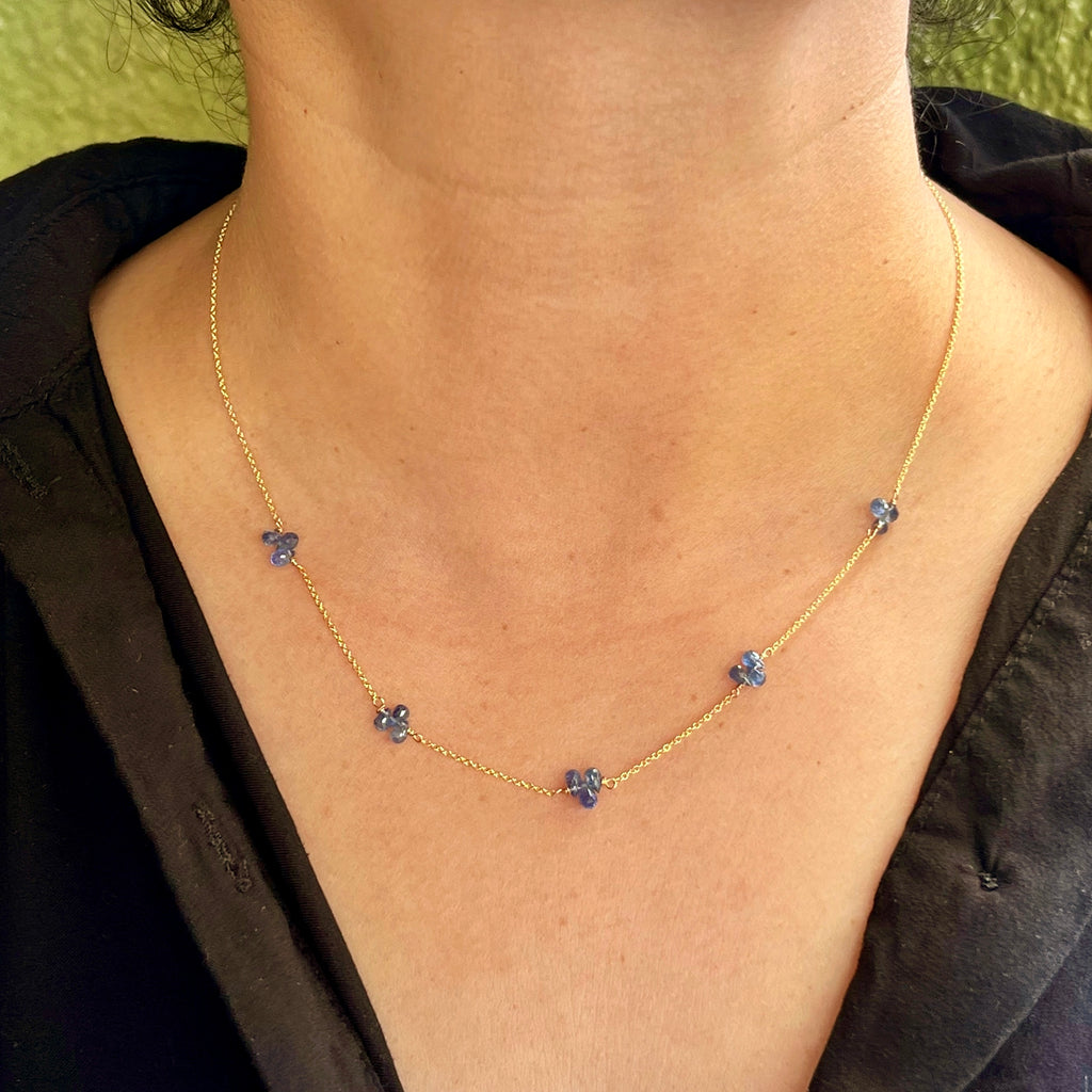 Sapphire Briolette Necklace on Golden Chain