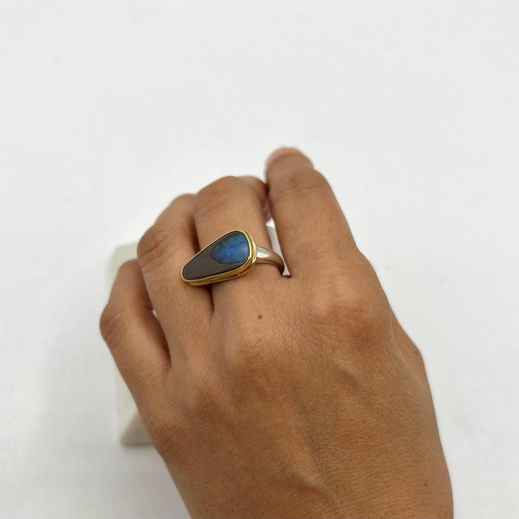 Boulder Opal with Sterling Band  and 18 K Bezel Ring.