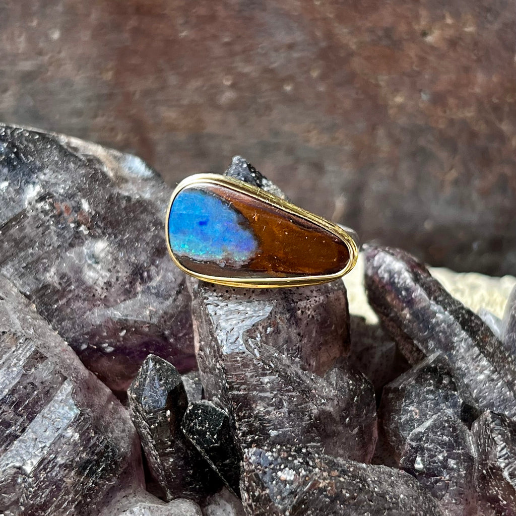 Boulder Opal with Sterling Band  and 18 K Bezel Ring.