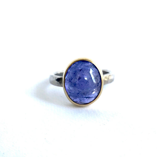 Large Oval Tanzanite Ring in 14K Yellow Gold and Sterling Silver