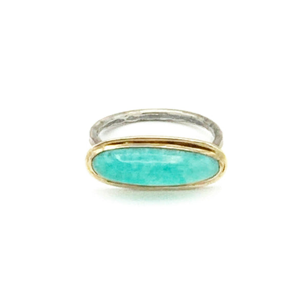 Elongated  Amazonite Ring in 14k Gold and Hammered Silver