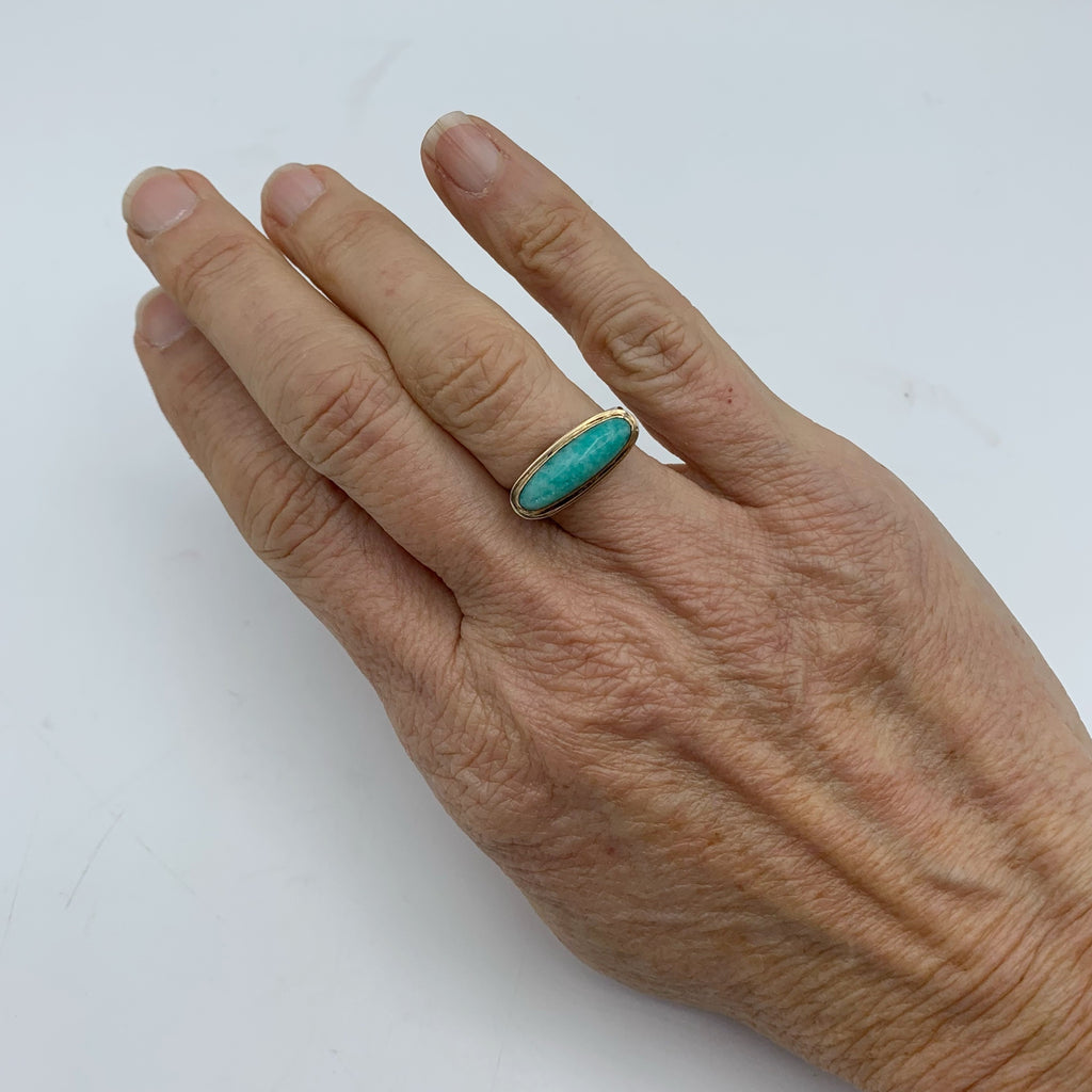 Elongated  Amazonite Ring in 14k Gold and Hammered Silver